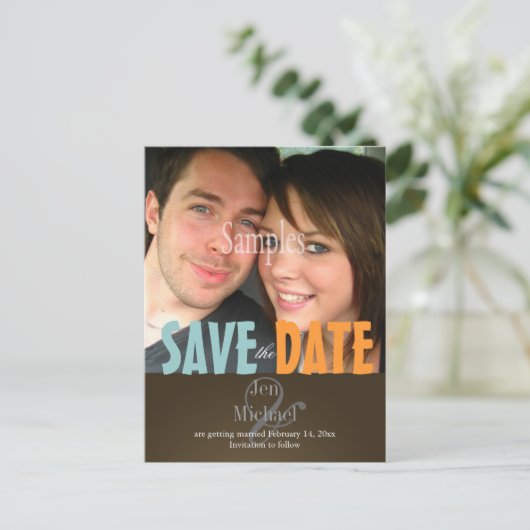Gewoon, blauw + bruin Save the Date Photo briefkaa Aankondigingskaart (Staand voorkant)