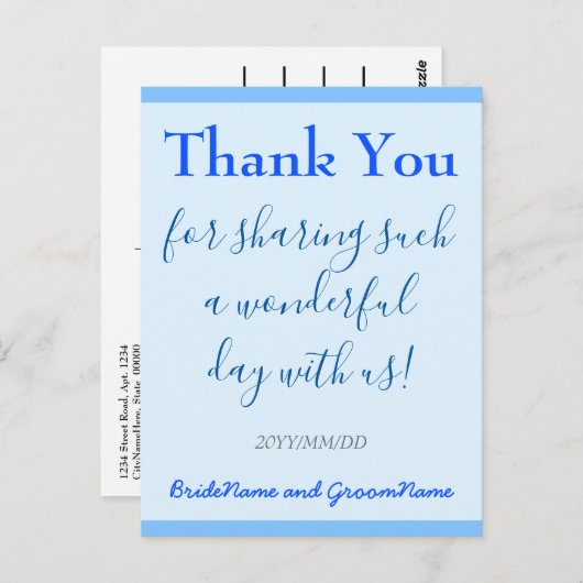 Gewoon, blauw "Dank u" Briefkaart (Voorkant / Achterkant)