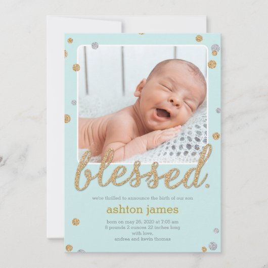 Gewoon 'Blessed Photo Birth Announcement Blue' Bedankkaart (Voorkant)