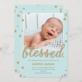 Gewoon 'Blessed Photo Birth Announcement Blue' Bedankkaart (Voorkant / Achterkant)