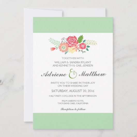 Gewoon bloemen & strepen bruiloft uitnodiging / mu (Voorkant)