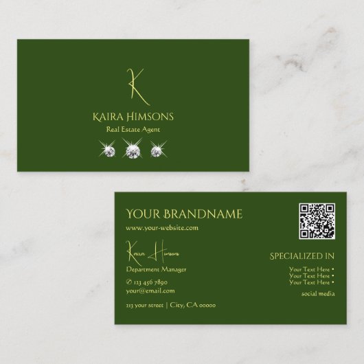 Gewoon bos groen met monogram QRCode en juwelen Visitekaartje (Voorkant / Achterkant)