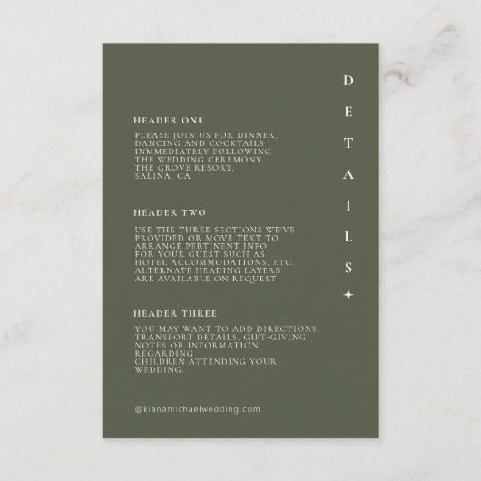 Gewoon chique bruiloft Details Moss Green ID1046 Informatiekaartje (Voorkant)