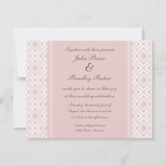 Gewoon Dazzling Damask Wedding Invite, lichtroze Kaart (Voorkant)