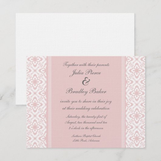 Gewoon Dazzling Damask Wedding Invite, lichtroze Kaart (Voorkant / Achterkant)
