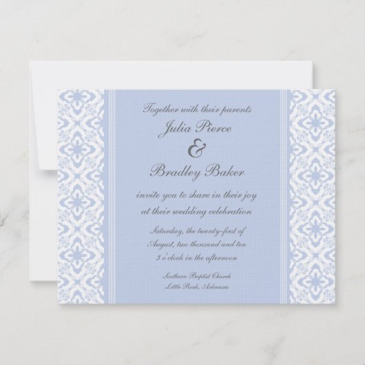 Gewoon Dazzling Damask Wedding Invite, Light Blue Kaart (Voorkant)