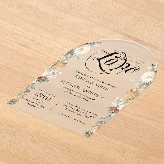 Gewoon een Elegante Bloemboog Wintertrouwdag Acryl Uitnodigingen (Laagn)