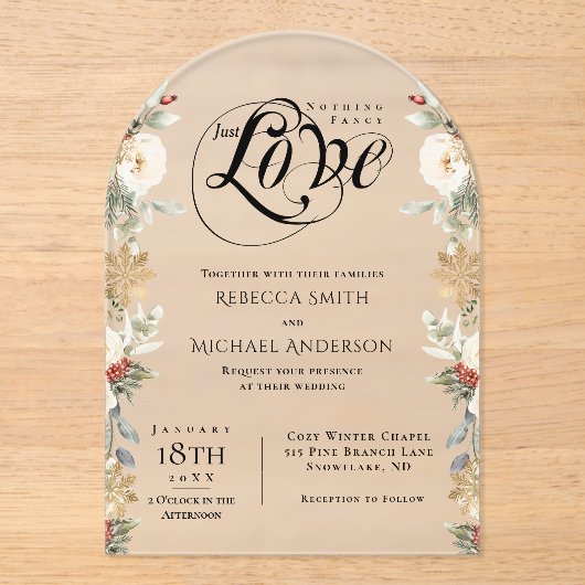 Gewoon een Elegante Bloemboog Wintertrouwdag Acryl Uitnodigingen (Voorkant)