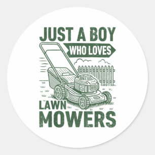 Gewoon een jongen die grasmaaiers tuin liefheeft ronde sticker