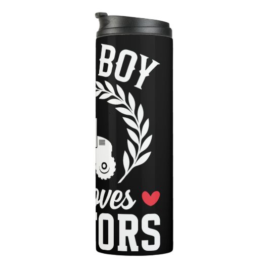 Gewoon een jongen die van tractoren houdt thermosbeker (Geroteerd rechts)