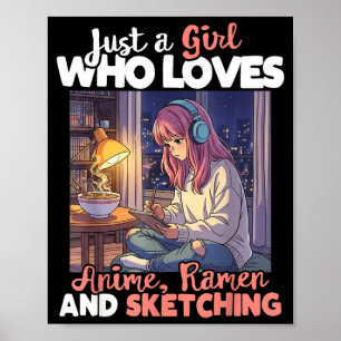 Gewoon een meisje dat anime-ramen en schetsen leuk poster