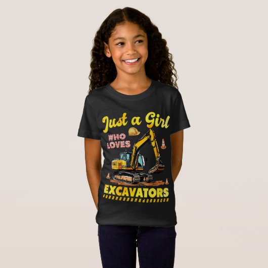 Gewoon een meisje dat houdt van graafmachines retr t-shirt (Voorkant volledig)