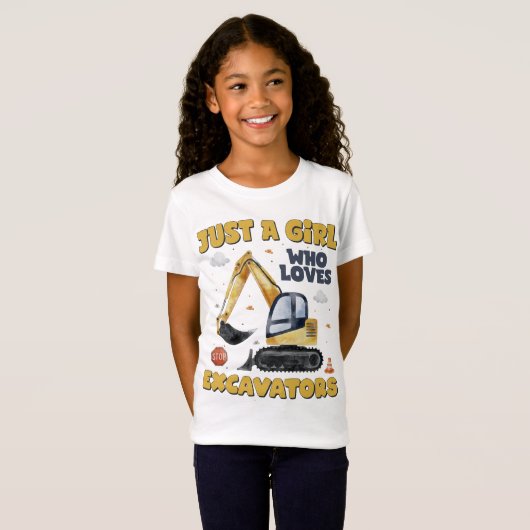 Gewoon een meisje dat houdt van graafmachines retr t-shirt (Voorkant volledig)