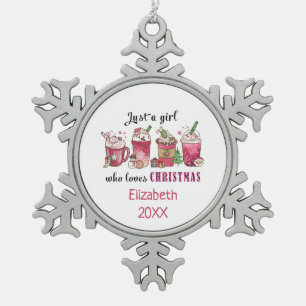 Gewoon een meisje dat kerst koffie leuk vindt tren tin sneeuwvlok ornament