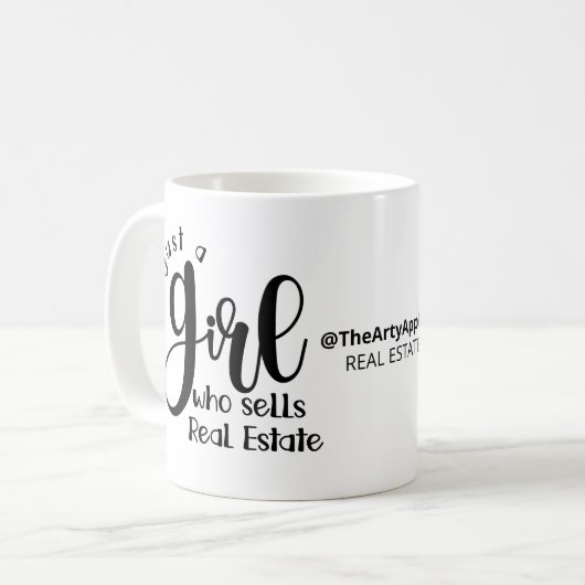 gewoon een meisje dat onroerend goed verkoopt , op koffiemok (Voorkant links)