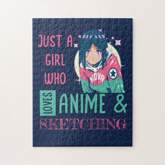 Gewoon een meisje dat van animatie houdt en schets legpuzzel (Verticaal)