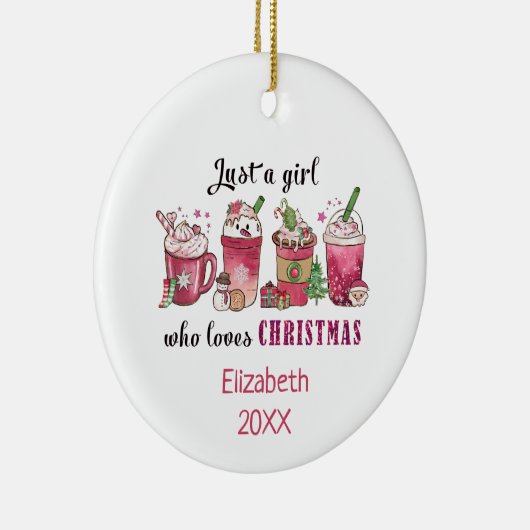 Gewoon een meisje dat van kerstkoffie houdt keramisch ornament (Rechts)