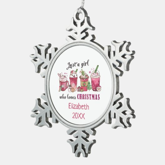 Gewoon een meisje dat van kerstkoffie houdt tin sneeuwvlok ornament (Rechts)