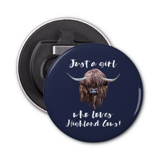 Gewoon een meisje dat van Schotse hooglandkoeien h Button Flesopener (Voorkant)