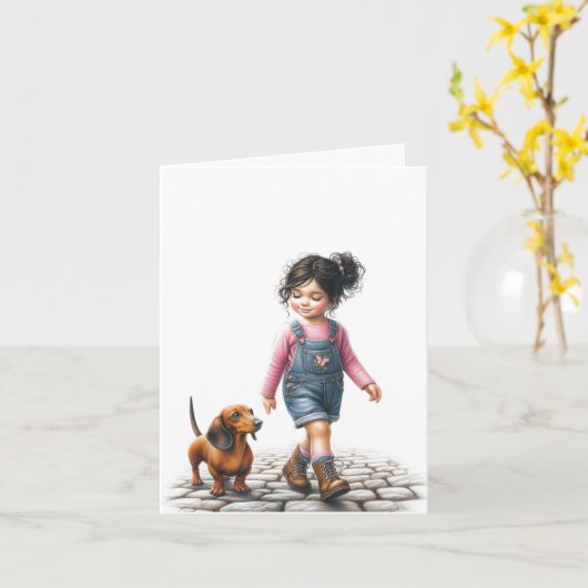 Gewoon een meisje en haar Dachshund (downloadbaar) Kaart (Gele Bloem)