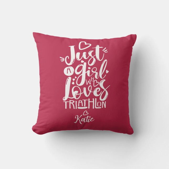 Gewoon Een Meisje Triatlon Witte En Magenta Typogr Kussen (Voorkant)