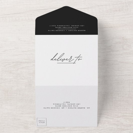 Gewoon Elegant Black op White Wedding All In One Uitnodiging (Buitenkant)