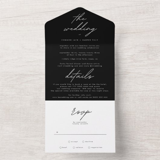 Gewoon Elegant Black op White Wedding All In One Uitnodiging (Binnen)