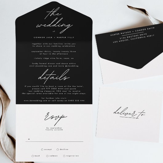 Gewoon Elegant Black op White Wedding All In One Uitnodiging