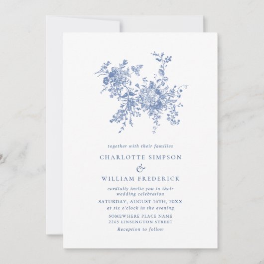 Gewoon elegant blauw Frans toilet bloemenbruiloft Kaart (Voorkant)