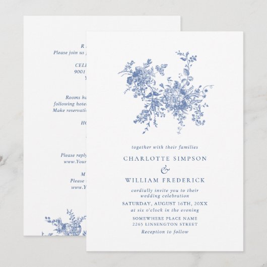 Gewoon elegant blauw Frans toilet bloemenbruiloft Kaart (Voorkant / Achterkant)