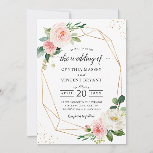 Gewoon Elegant Blush Floral Geometric Wedding Kaart (Voorkant)
