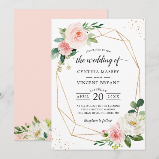 Gewoon Elegant Blush Floral Geometric Wedding Kaart (Voorkant / Achterkant)