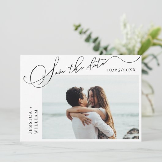 Gewoon Elegant Calligraphy Wedding Photo Save The Date (Staand voorkant)