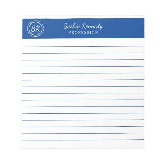 Gewoon Elegant Cobalt Blue Lined Monogram Business Notitieblok (Voorkant)