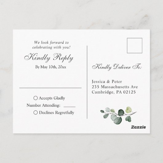 Gewoon Elegant Eucalyptus Waterverf Wedding RSVP Briefkaart (Achterkant)