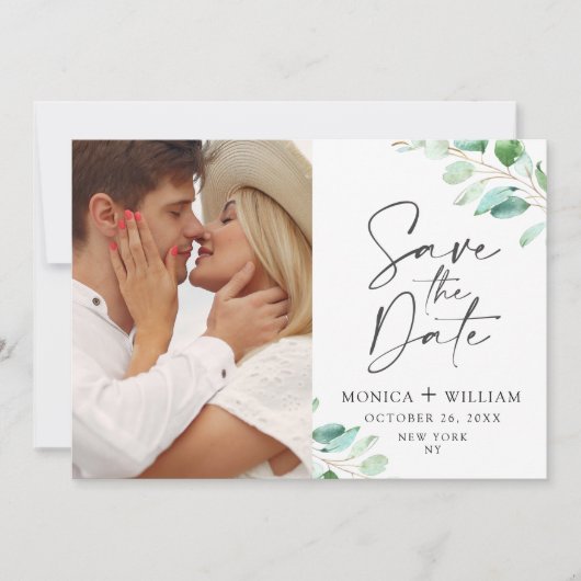 Gewoon Elegant Eucalyptus Weddenschap Foto Save The Date (Voorkant)
