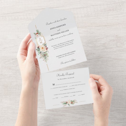 Gewoon Elegant Kerst Bloemen Monogram All In One Uitnodiging (Afscheurbaar)