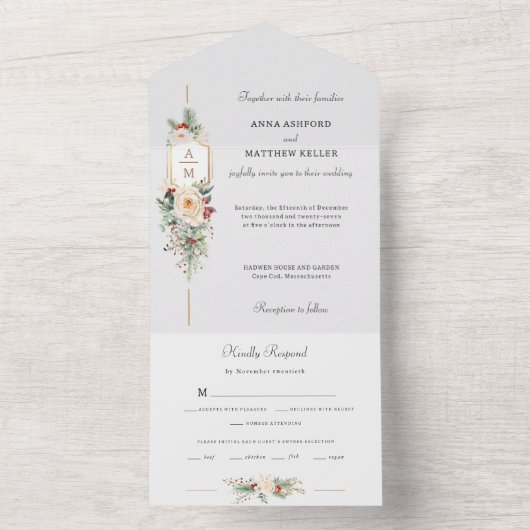 Gewoon Elegant Kerst Bloemen Monogram All In One Uitnodiging (Binnen)