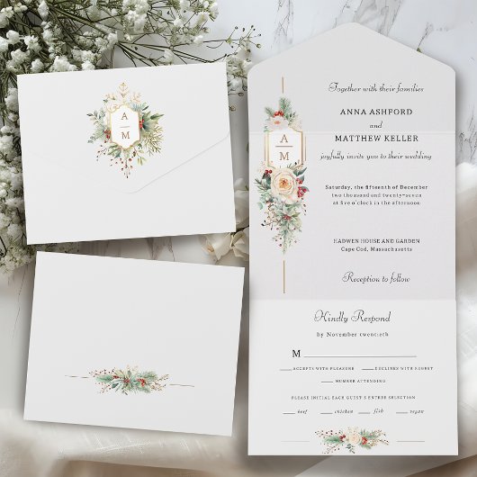 Gewoon Elegant Kerst Bloemen Monogram All In One Uitnodiging