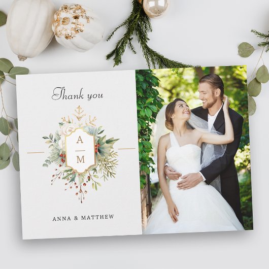 Gewoon Elegant Kerst Bloemen Monogram Bedankkaart