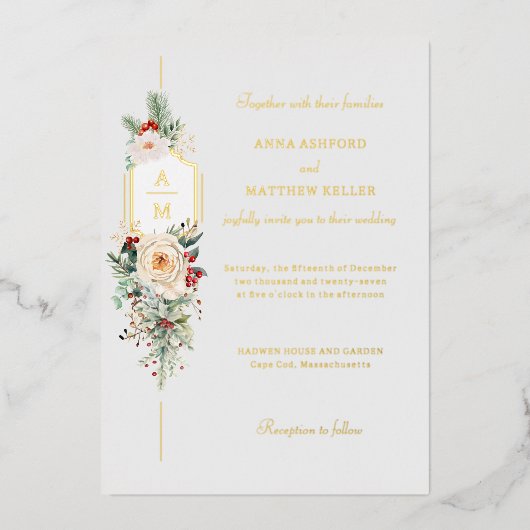 Gewoon Elegant Kerst Bloemen Monogram Folie Uitnodiging (Voorkant)