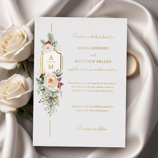 Gewoon Elegant Kerst Bloemen Monogram Folie Uitnodiging