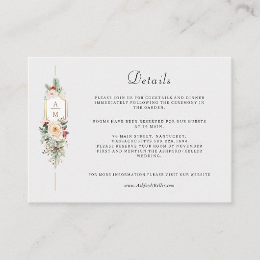 Gewoon Elegant Kerst Bloemen Monogram Informatiekaartje (Voorkant)