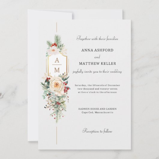 Gewoon Elegant Kerst Bloemen Monogram Kaart (Voorkant)