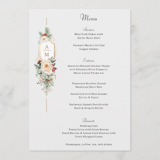 Gewoon Elegant Kerst Bloemen Monogram Menu (Voorkant)