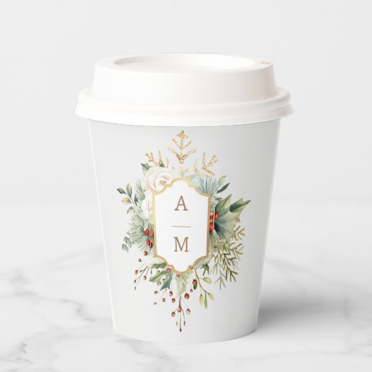 Gewoon Elegant Kerst Bloemen Monogram Papieren Bekers (Voorkant)