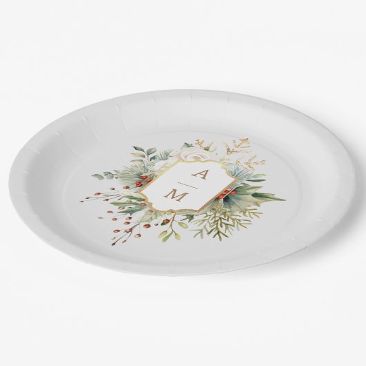 Gewoon Elegant Kerst Bloemen Monogram Papieren Bordje (Gekanteld)