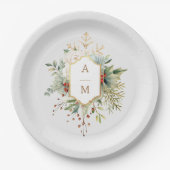 Gewoon Elegant Kerst Bloemen Monogram Papieren Bordje (Voorkant)