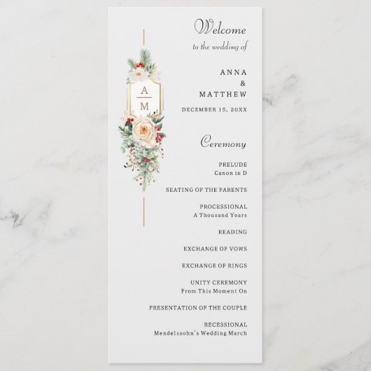 Gewoon Elegant Kerst Bloemen Monogram Programma Programmakaart (Voorkant)