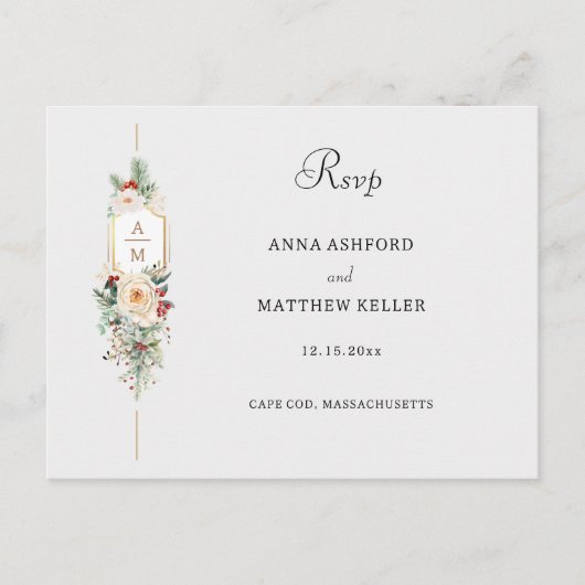 Gewoon Elegant Kerst Bloemen Monogram RSVP Briefkaart (Voorkant)